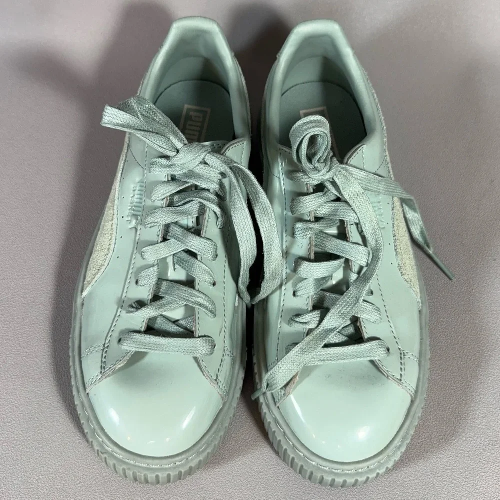 Puma Basket Mint Green Patent Leather Platform Sneakers